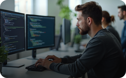 Konzentrierter IT-Mitarbeiter schaut in Monitore.
